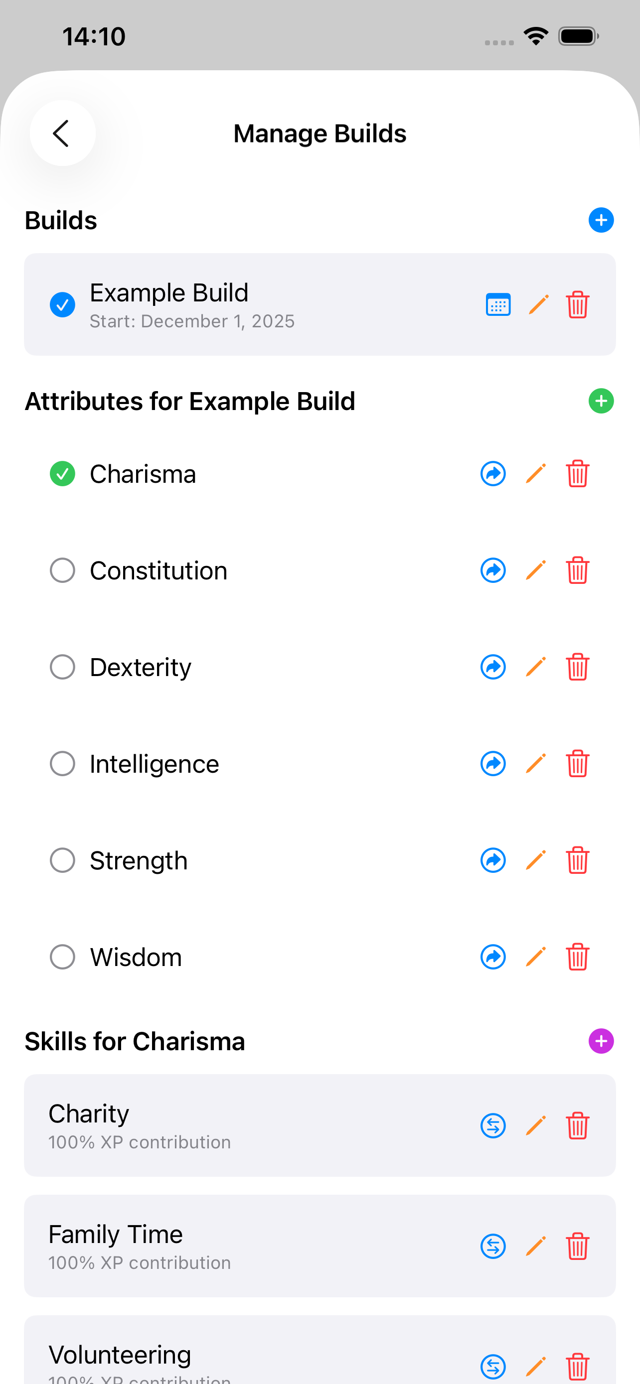 Manage builds screen