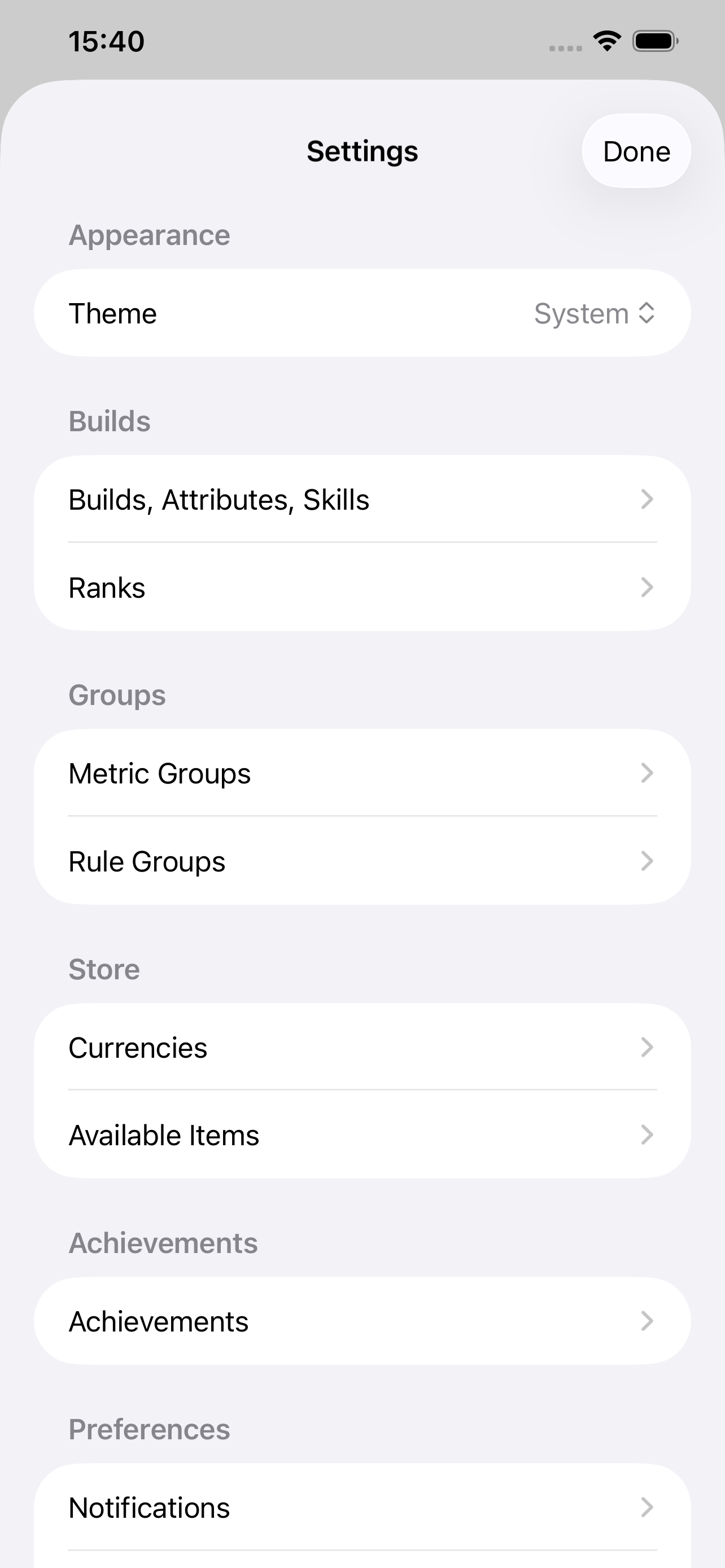 Settings screen